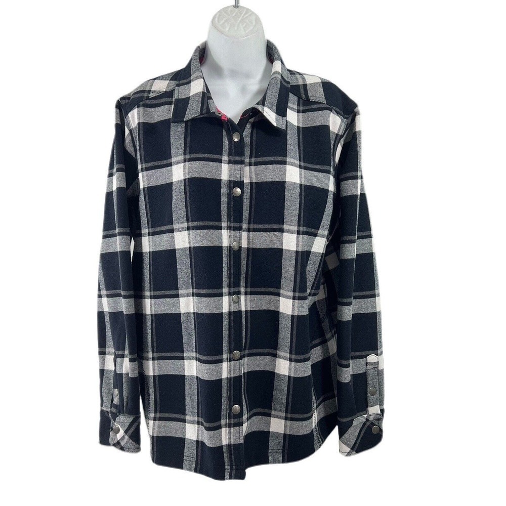 Orvis Women’s Sz XXL Shacket Shirt Jacket Black White Plaid Snap Buttons Pockets